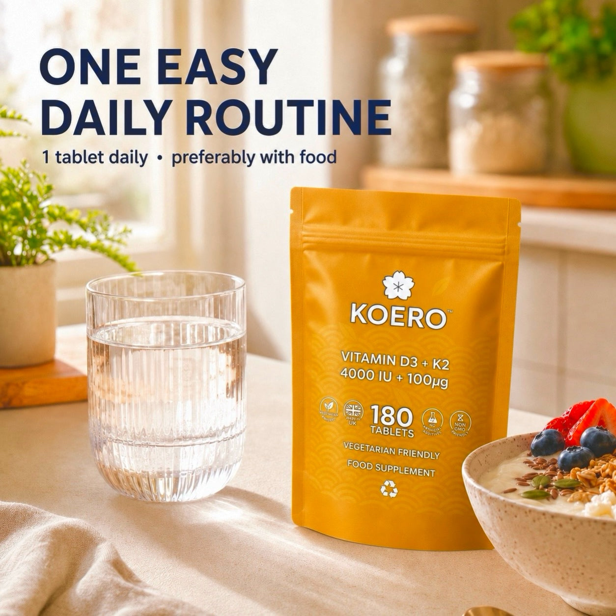 KOERO Vitamin D3 + K2 once-daily supplement routine