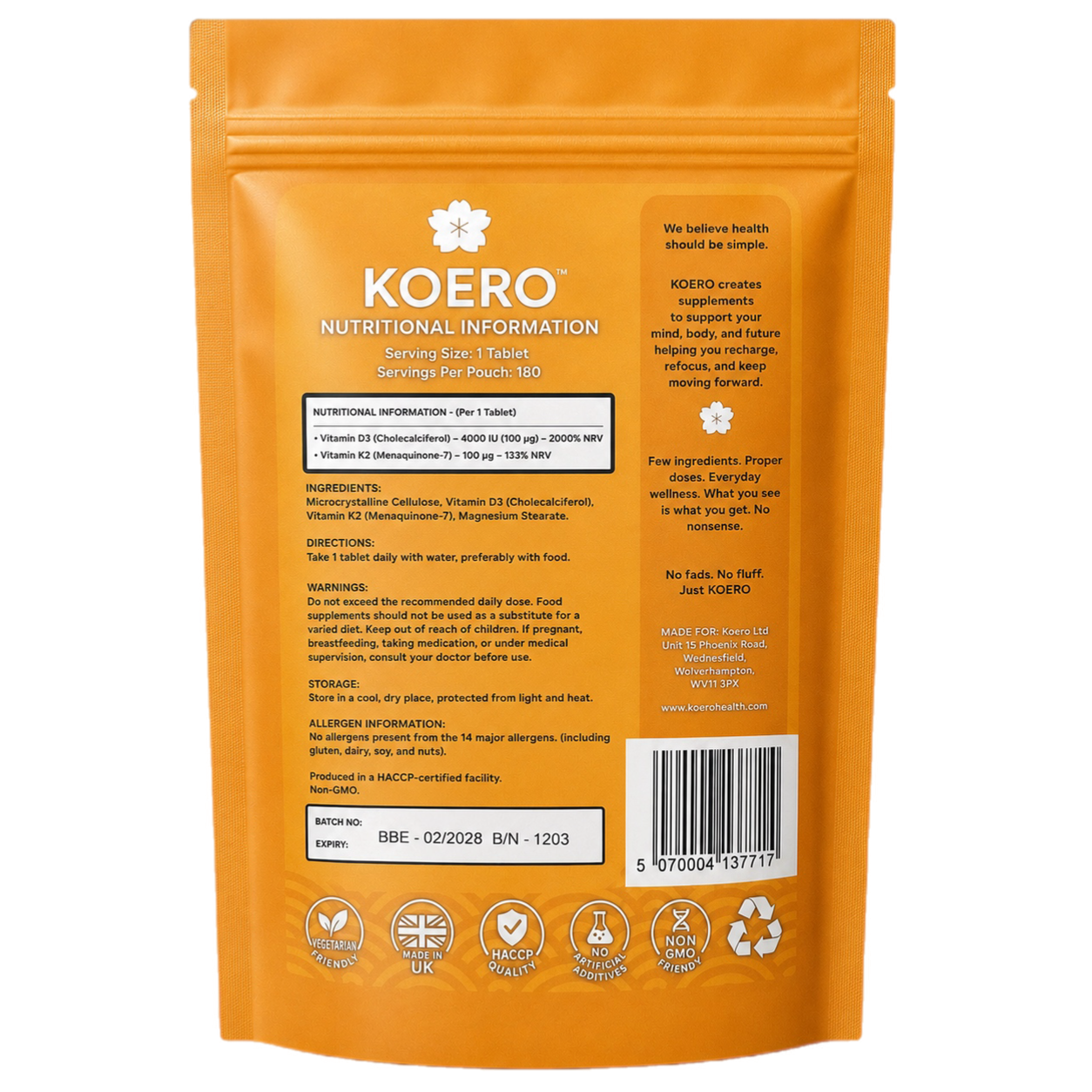 Back of KOERO Vitamin D3 + K2 MK-7 supplement pouch