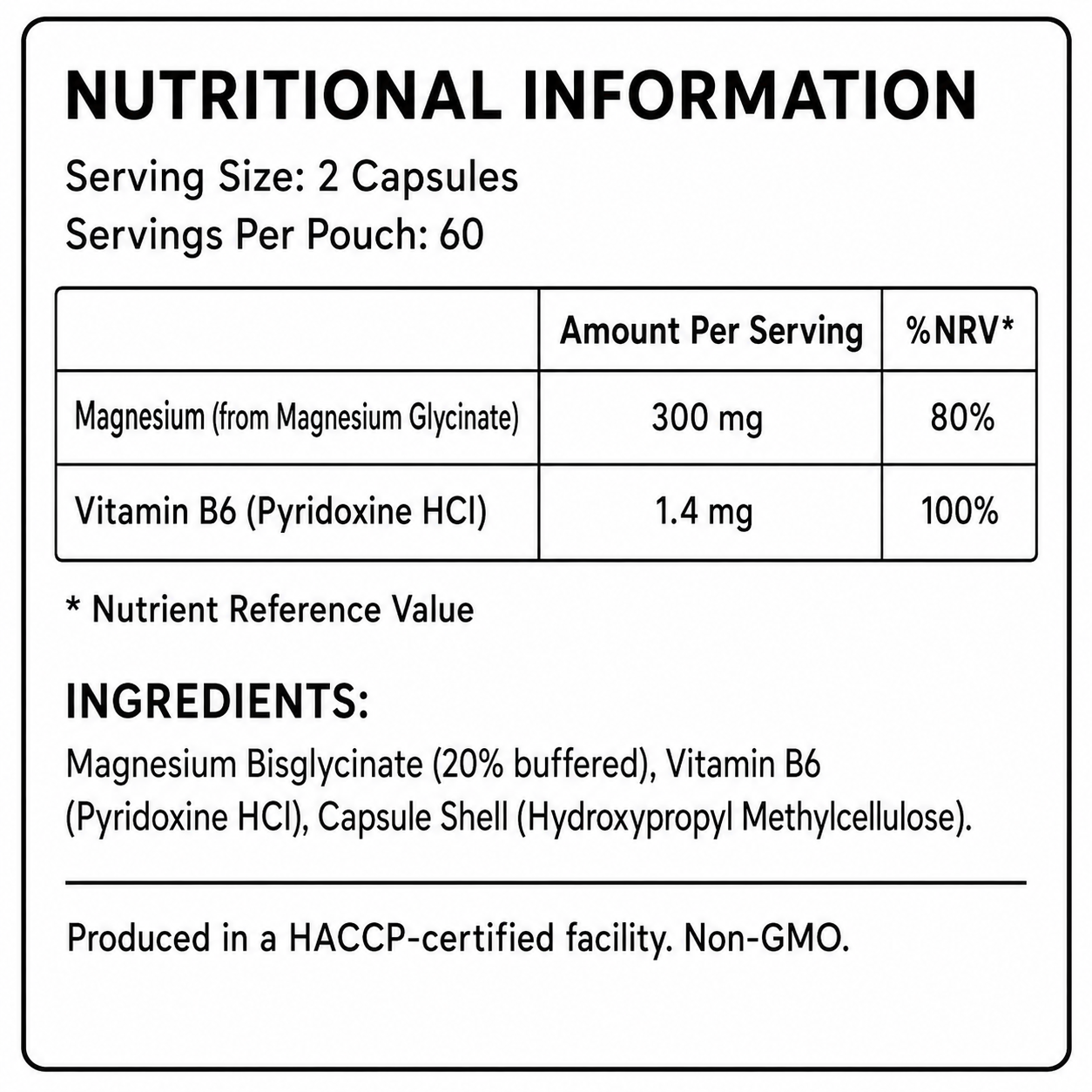 KOERO Magnesium Glycinate + Vitamin B6 nutritional information