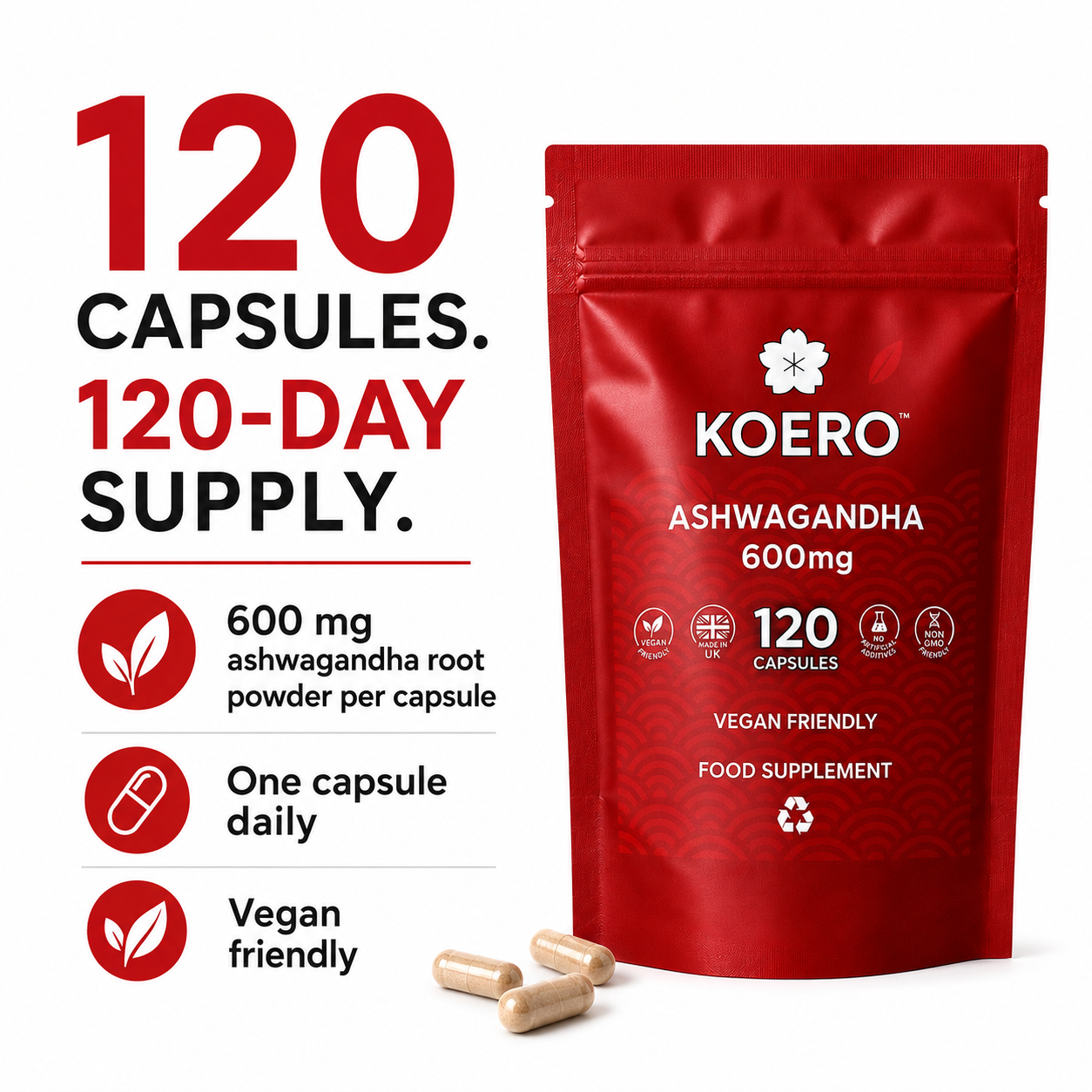 KOERO Ashwagandha Root 120 capsules providing 120 daily servings