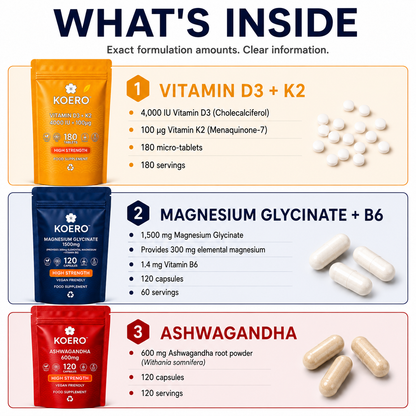 KOERO Complete Stack with Magnesium, Ashwagandha and Vitamin D3 + K2