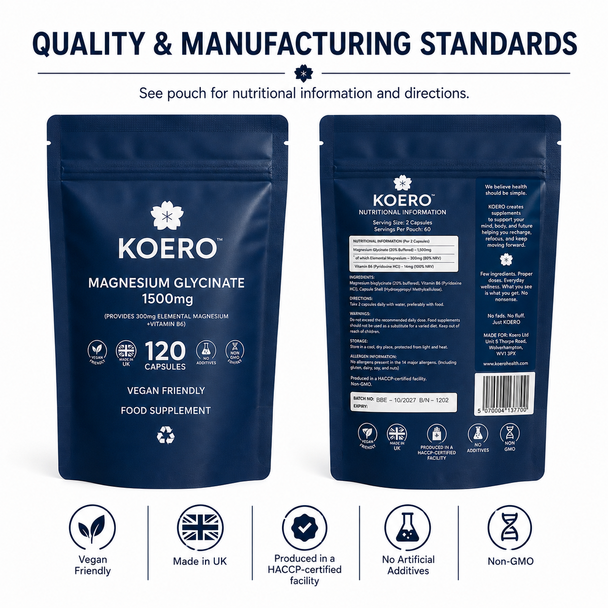 KOERO Magnesium Glycinate daily serving of two capsules Manufacturing standards and Quality 