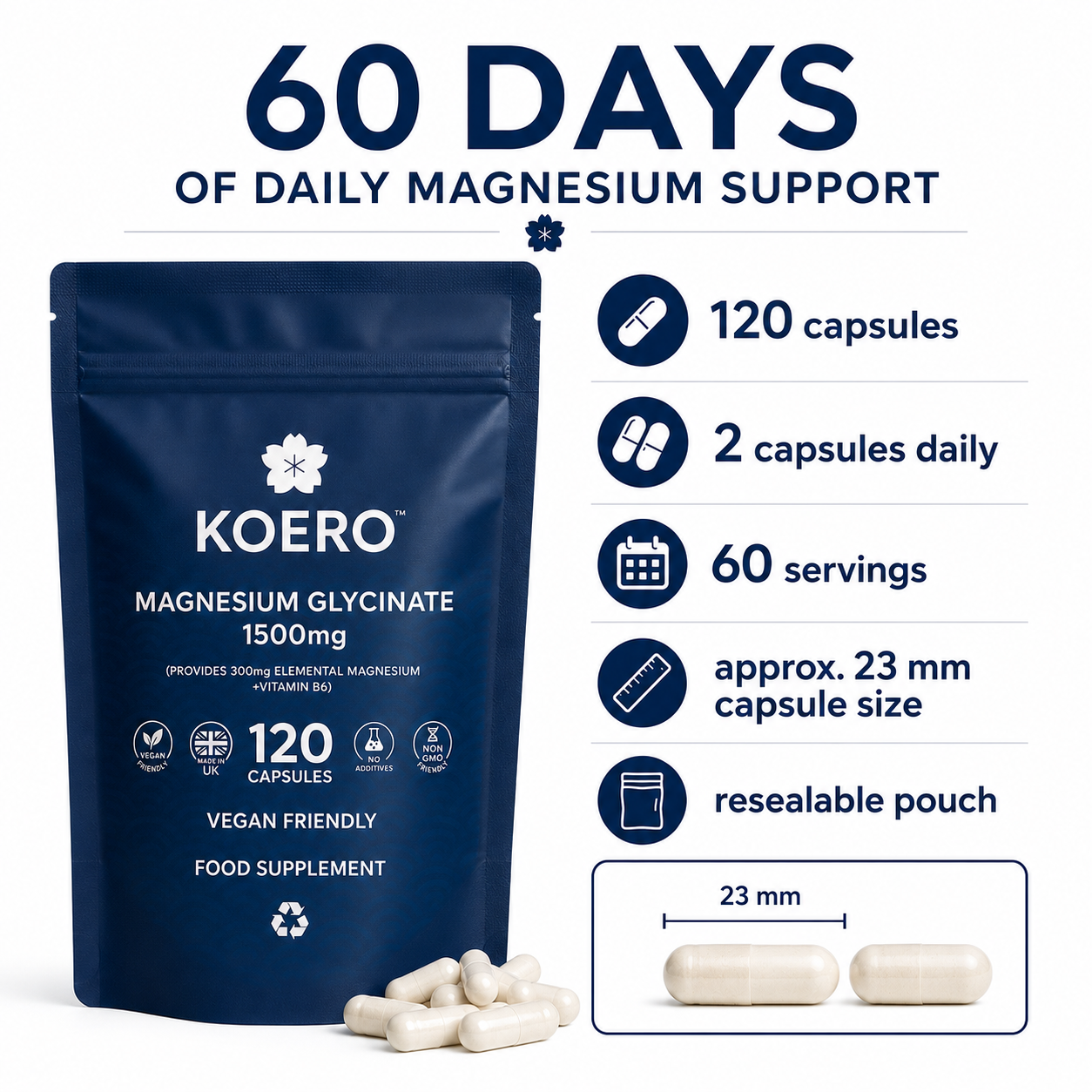 KOERO Magnesium Glycinate 120 capsules providing 60 daily servings