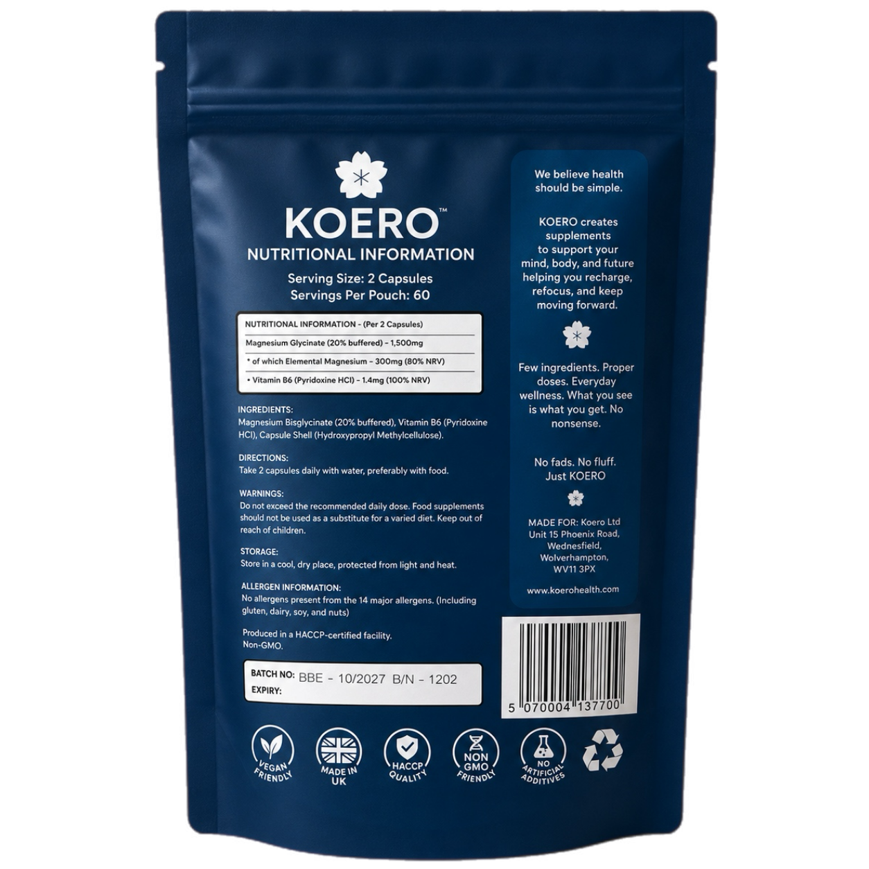 Back of KOERO Magnesium Glycinate + Vitamin B6 supplement pouch
