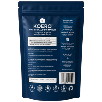 Back of KOERO Magnesium Glycinate + Vitamin B6 supplement pouch