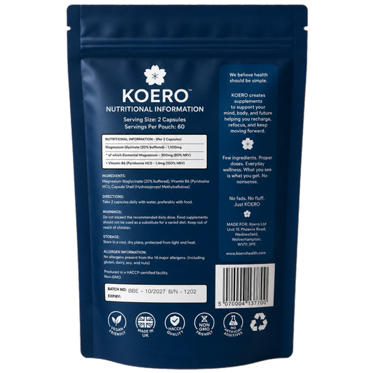 Back of KOERO Magnesium Glycinate + Vitamin B6 supplement pouch