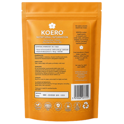 Back of KOERO Vitamin D3 + K2 MK-7 supplement pouch