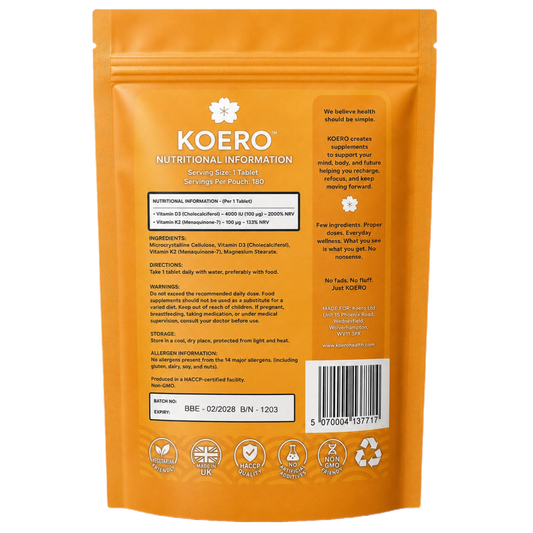 Back of KOERO Vitamin D3 + K2 MK-7 supplement pouch