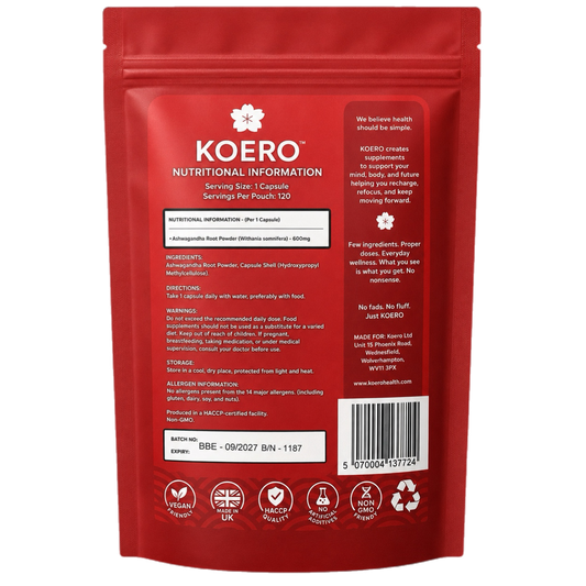 Back of KOERO Ashwagandha Root 600mg supplement pouch