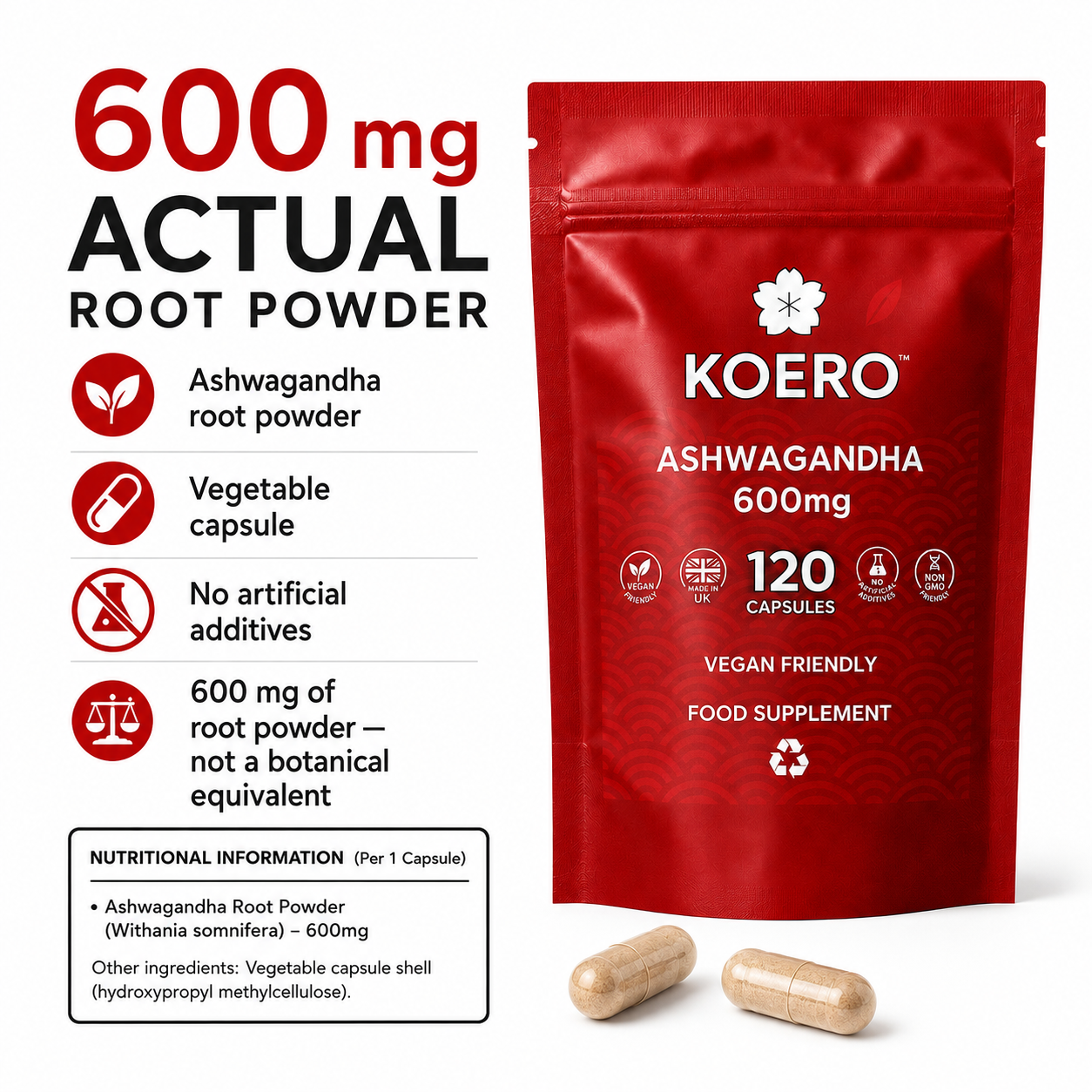 KOERO Ashwagandha Root providing 600mg per capsule