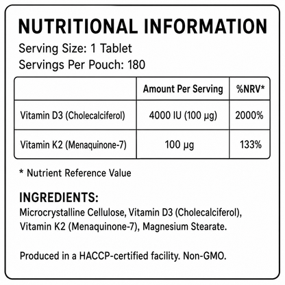 KOERO Vitamin D3 4000 IU + K2 MK-7 100 µg nutritional information