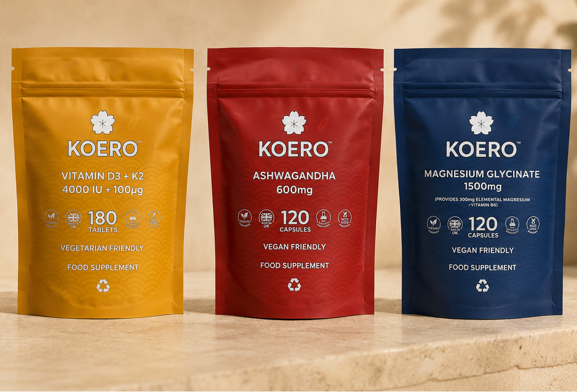 KOERO Magnesium, Ashwagandha and Vitamin D3 + K2 supplements