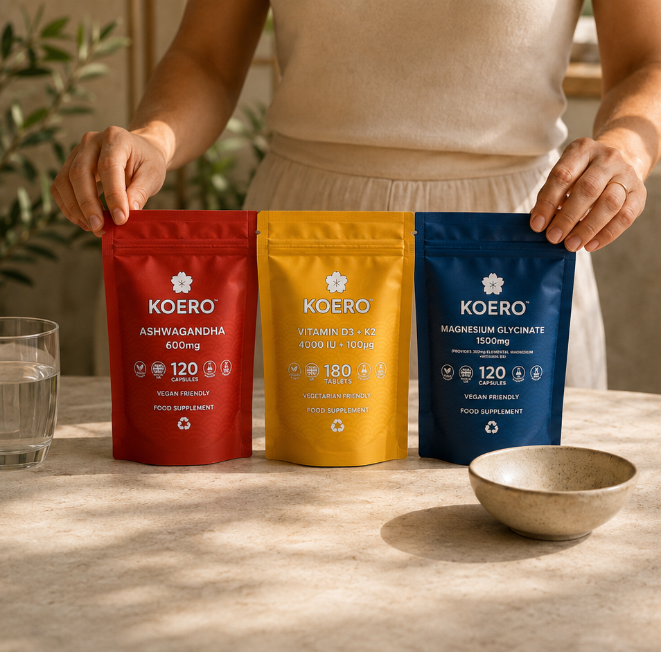 Three stand-up supplement pouches from KOERO are displayed on a tabletop with a person's hands holding the left two. The pouches are red, yellow, and blue, labeled Ashwagandha, Vitamin D & Omega 3, and Magnetic Bone Support.
KOERO supplement range displayed as part of an everyday routine