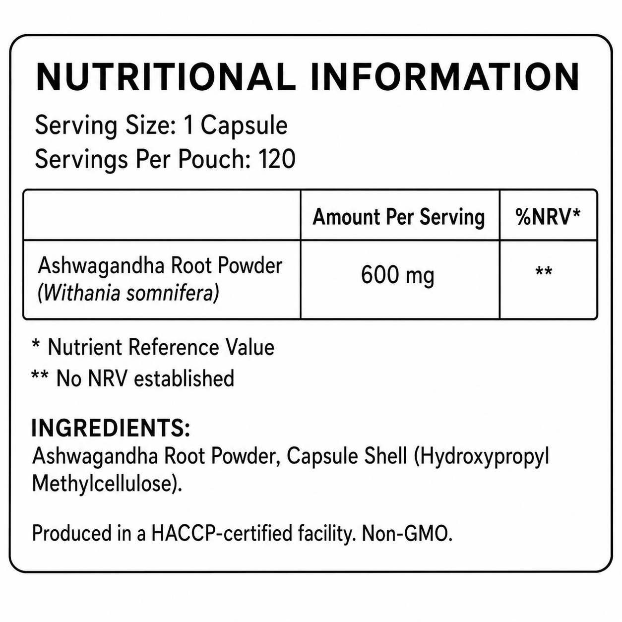 KOERO Ashwagandha Root nutritional information